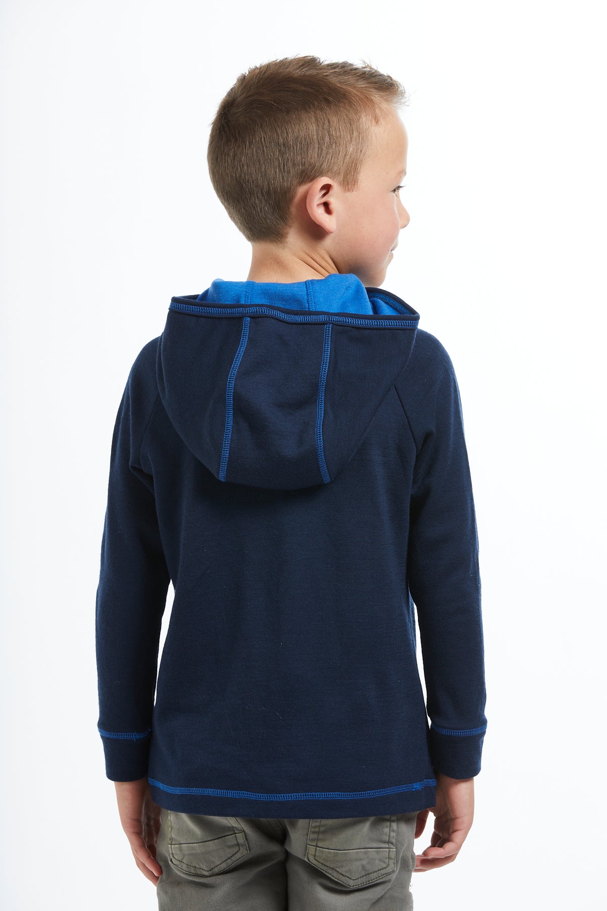 Kids Mackenzie Hoodie - Navy with coloured hood | True Fleece New Zealand